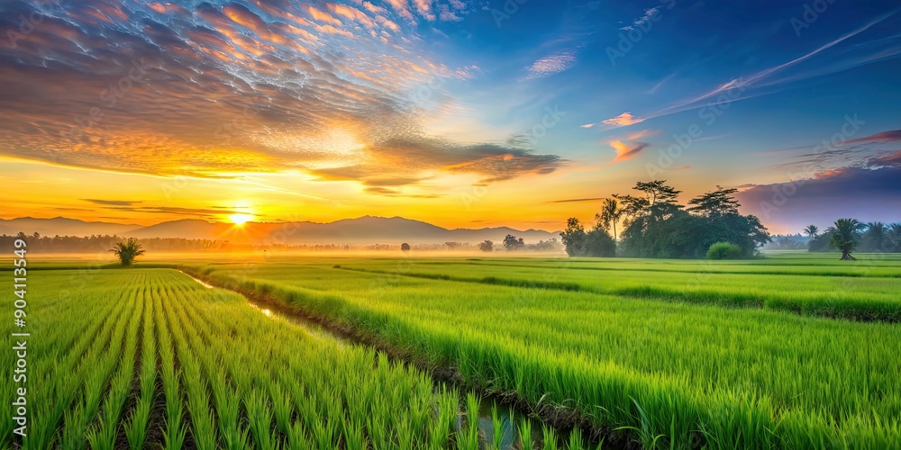 Beautiful sunrise over a lush rice field , agriculture, landscape, nature, farming, sunrise, morning, rural, peaceful Beautiful sunrise over a lush rice field , agriculture, landscape, nature, farming, sunrise, morning, rural, peaceful