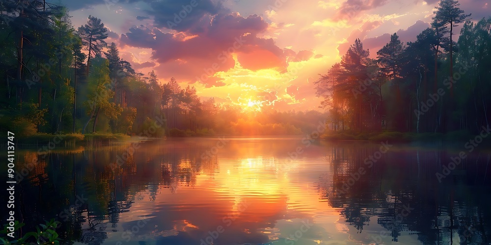 Forest Lake Sunset Illustration Forest Lake Sunset Illustration