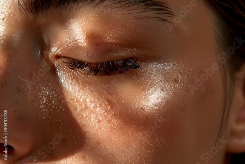 Wallpaper Mural A macro shot of smooth, glowing skin on a cheek, highlighting the soft texture and natural radiance, with a subtle blush and highlighter Torontodigital.ca