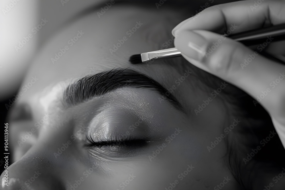 Obraz premium A detailed shot of a woman's eyebrow being shaped with a precision tweezer, focusing on the fine hairs and the clean lines of the eyebrow