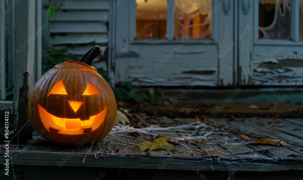 Obraz premium Spooky Halloween Porch Scene with Carved Pumpkin Jack-o'-Lantern and Eerie Cobwebs. Creepy Festive Atmosphere for Seasonal Celebration. Haunting Decorations and Mysterious Lighting Create Frightful A
