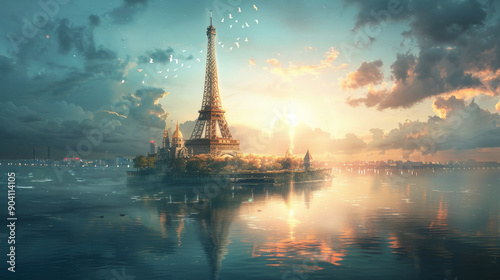 Paris on a small island, concept background. Illustration featuring the Eiffel Tower and other famous landmarks bathed in soft light, surrounded by tranquil water, emphasizing the elegance and charm