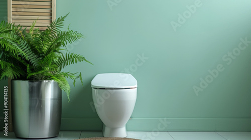 A stylish restroom featuring a white toilet bowl, a metallic silver bin, a wooden folding screen, and a lush fern near a pastel green wall. The design combines natural elements with modern fixtures photo