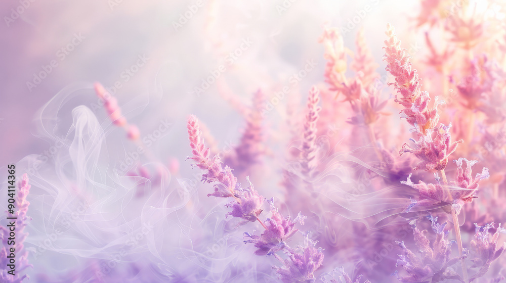 Naklejka premium A dreamy background featuring delicate lavender and peach-colored smoke, mingling with light steam, evoking a sense of calm and serenity.
