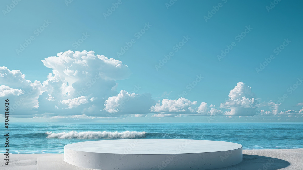 Fototapeta premium A sleek, contemporary podium on a beach, ready for product display. The sky is a clear blue with a few fluffy white clouds, enhancing the serene environment.