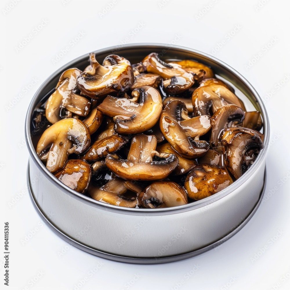 Medium shot of Canned food chopped straw mushrooms, isolated on a white background, Medium shot of Canned food chopped straw mushrooms, isolated on a white background,