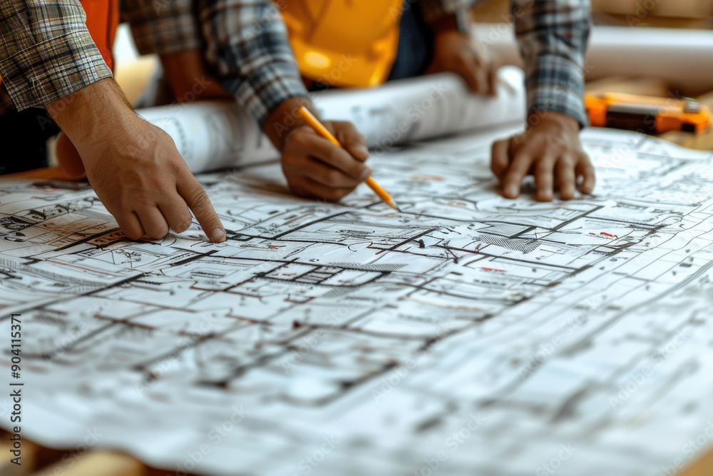 Hands pointing at detailed architectural blueprints, focusing on planning and intricate design elements, representing collaboration, construction, and the future of building projects. Hands pointing at detailed architectural blueprints, focusing on planning and intricate design elements, representing collaboration, construction, and the future of building projects.