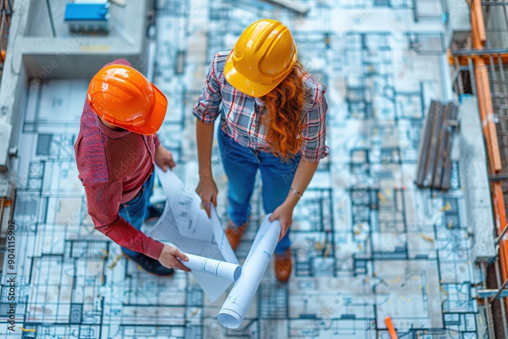 Two construction workers with orange helmets are examining blueprints on site, surrounded by building materials and construction elements, planning their next steps. Two construction workers with orange helmets are examining blueprints on site, surrounded by building materials and construction elements, planning their next steps.