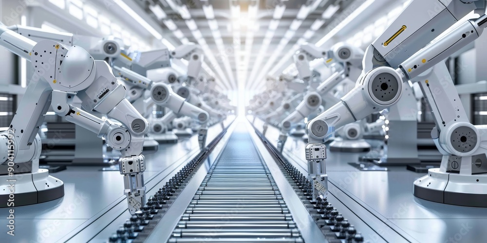 Modern factory floor with robotic arms assembling electronic devices Modern factory floor with robotic arms assembling electronic devices