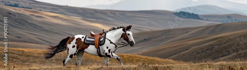 Grullo stallion with a saddle featuring striking color contrasts
