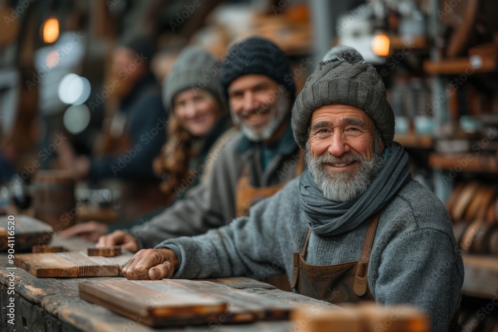 A group of artisans dedicatedly work in their workshop crafting wooden boards, their faces conveying passion and mastery, with tools and wood pieces scattered around. A group of artisans dedicatedly work in their workshop crafting wooden boards, their faces conveying passion and mastery, with tools and wood pieces scattered around.