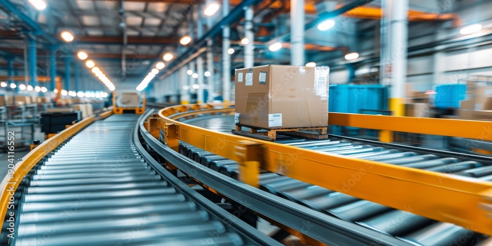 Conveyor belts transporting goods through a bustling factory environment Conveyor belts transporting goods through a bustling factory environment