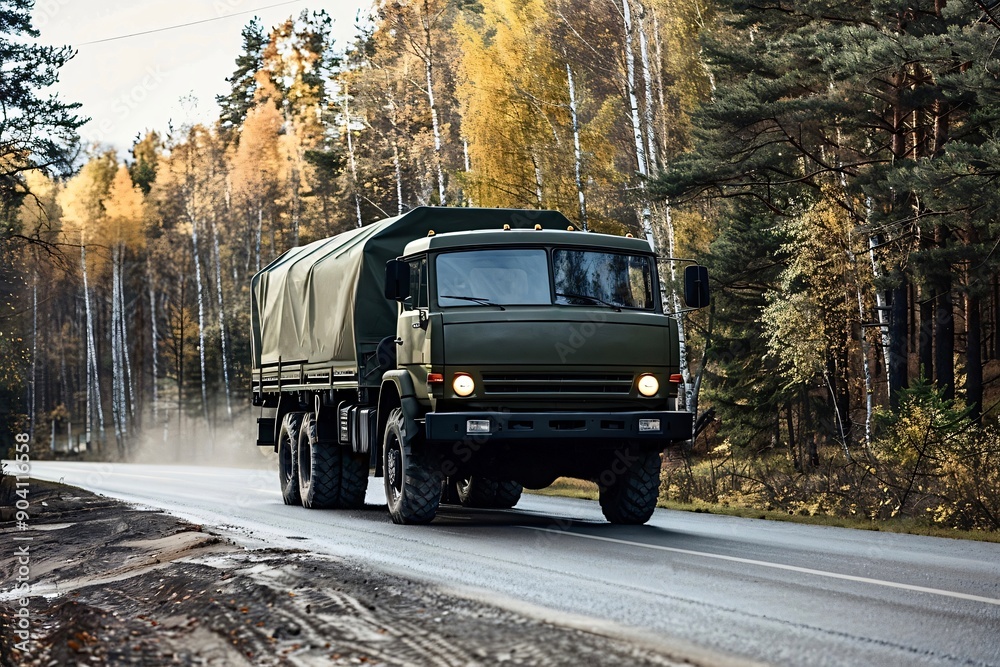 Obraz premium Big military truck driving on a road in the forest