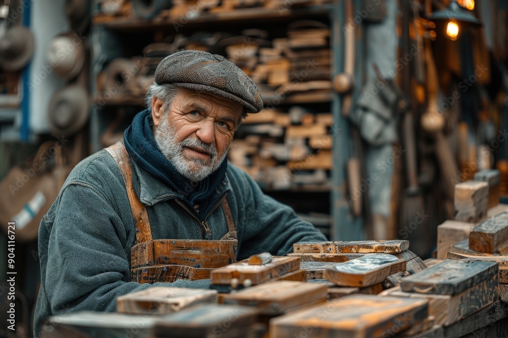An elderly artisan, with wisdom etched on his face, meticulously works with wood in his workshop, surrounded by various wooden pieces and tools, conveying dedication. An elderly artisan, with wisdom etched on his face, meticulously works with wood in his workshop, surrounded by various wooden pieces and tools, conveying dedication.