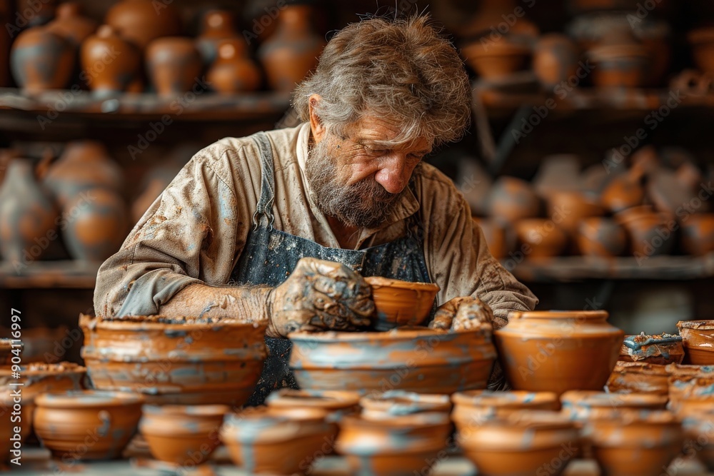 A dedicated craftsman is engrossed in working on multiple clay pots at the same time, with his hands covered in clay, highlighting the traditional art of pottery in a workshop setting. A dedicated craftsman is engrossed in working on multiple clay pots at the same time, with his hands covered in clay, highlighting the traditional art of pottery in a workshop setting.