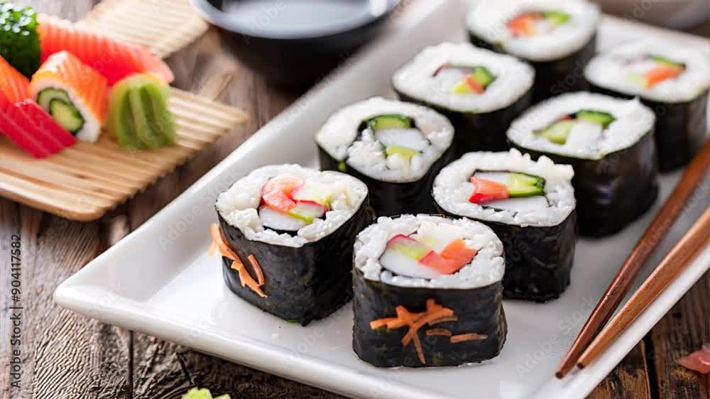 A plate of sushi with chopsticks on a wooden table. The sushi is black and white and has carrots on it. A plate of sushi with chopsticks on a wooden table. The sushi is black and white and has carrots on it.