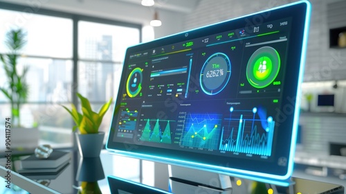 A high-tech energy management hub showing real-time data from smart meters and renewable energy sources, optimizing household energy usage.