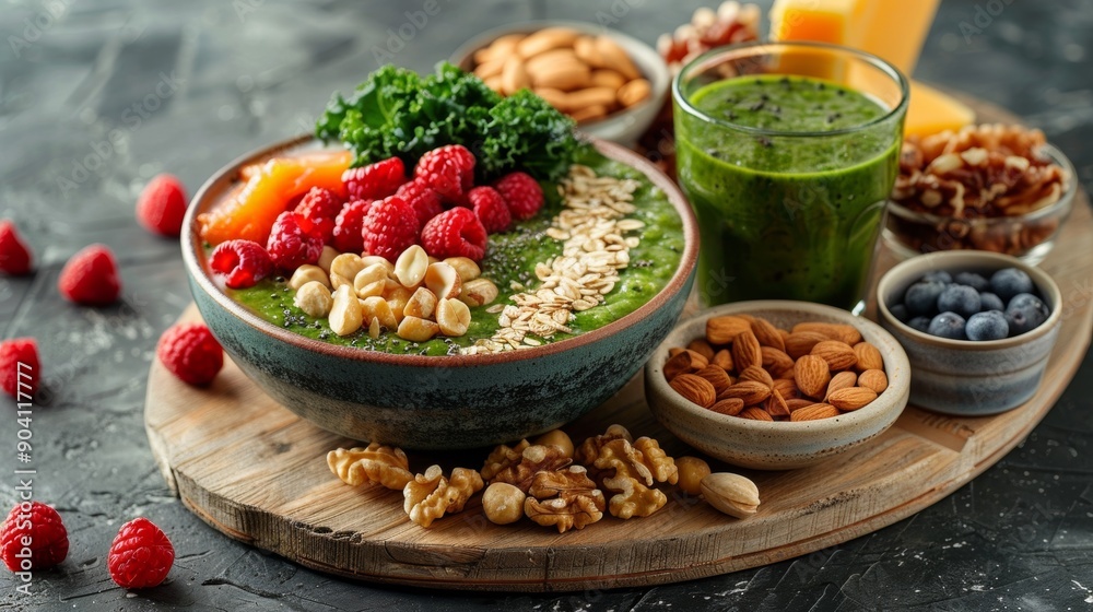 nutritious breakfast options, healthy breakfast choices like oatmeal bowls, kale smoothies, and mixed nuts, beautifully displayed on a wooden board, provide a quick and nutritious start to the day nutritious breakfast options, healthy breakfast choices like oatmeal bowls, kale smoothies, and mixed nuts, beautifully displayed on a wooden board, provide a quick and nutritious start to the day