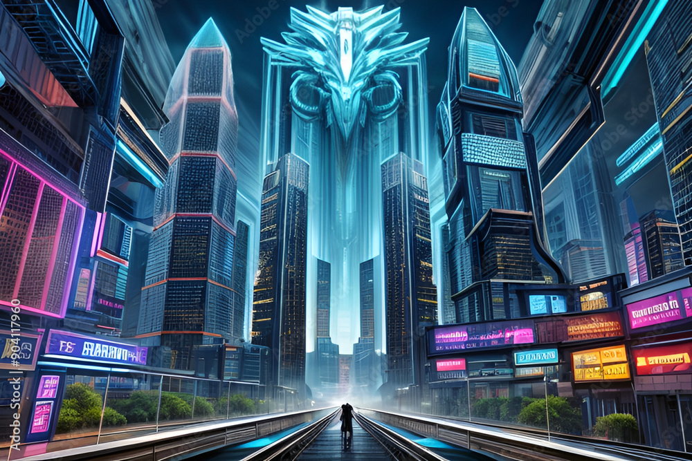 Fototapeta premium illuminated and technological futuristic city inhabited by people and robots.