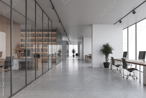 Modern office interior with glass walls and plants