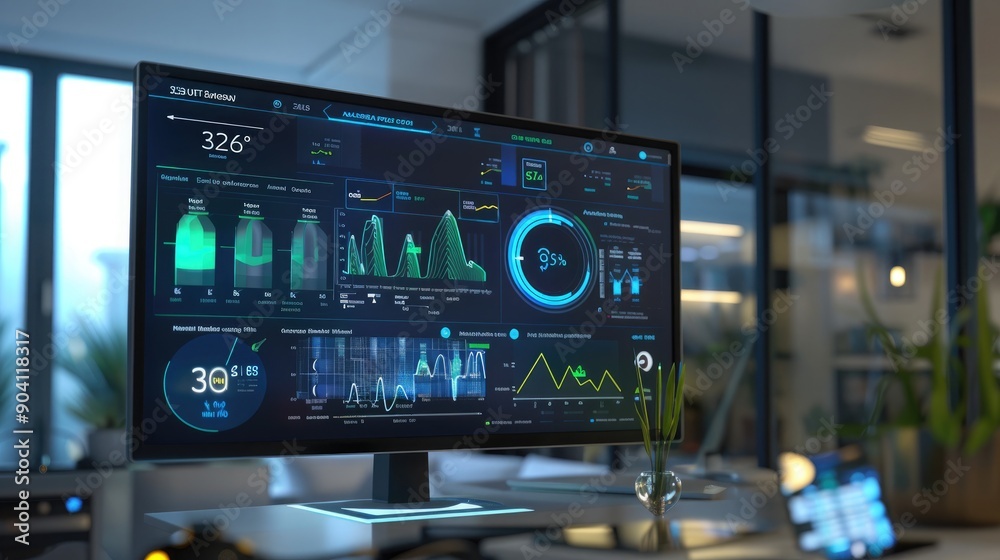 A high-tech energy management hub showing real-time data from smart meters and renewable energy sources, optimizing household energy usage. A high-tech energy management hub showing real-time data from smart meters and renewable energy sources, optimizing household energy usage.