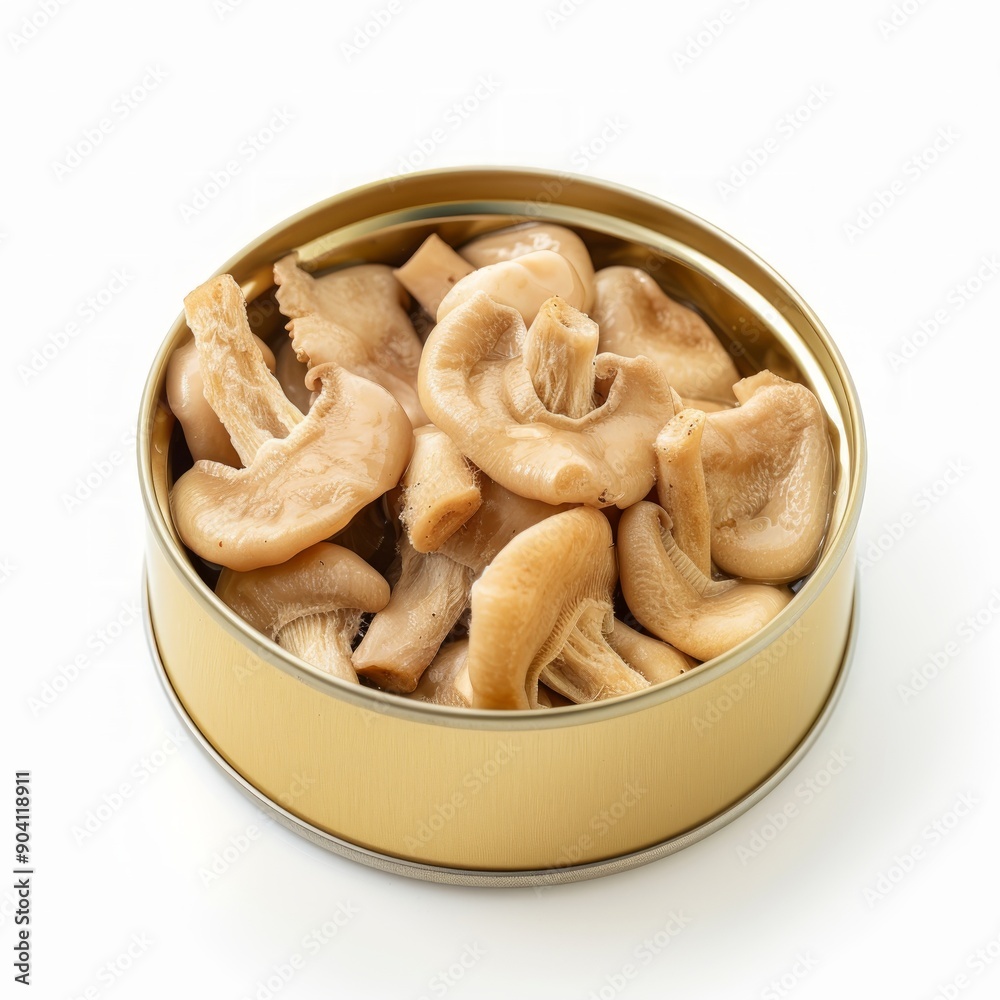 Medium shot of Canned food chopped straw mushrooms, isolated on a white background, Medium shot of Canned food chopped straw mushrooms, isolated on a white background,
