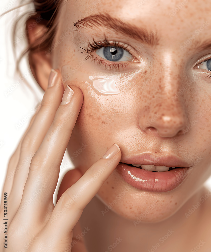 Portrait of a ginger woman applying cream under her eyes to represent skincare Portrait of a ginger woman applying cream under her eyes to represent skincare