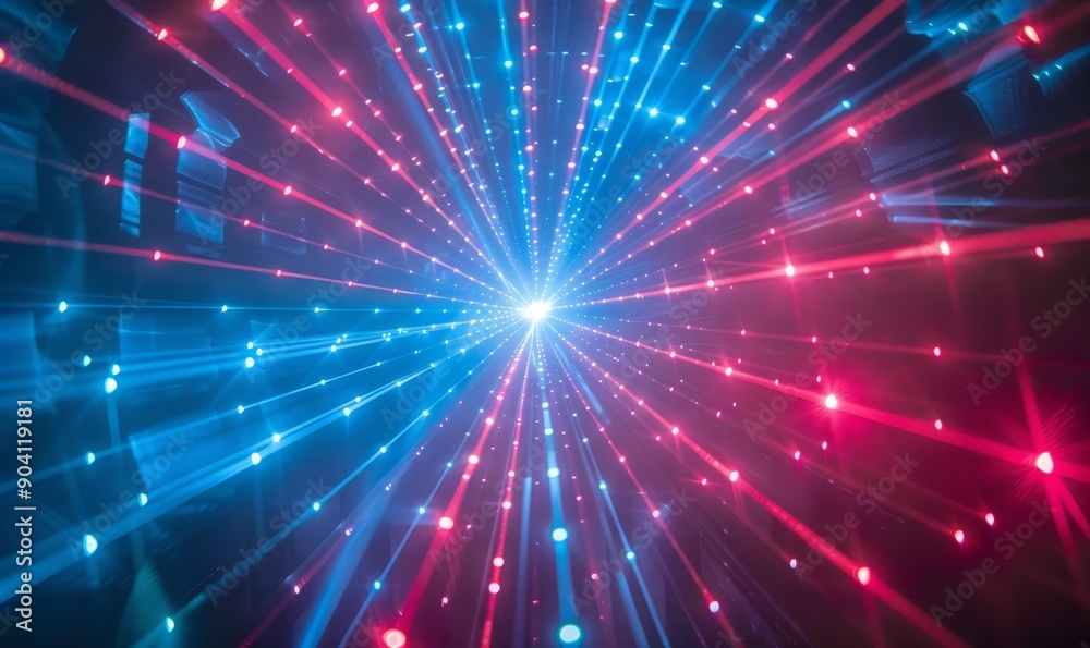 A blue and red light show with a bright blue light in the middle