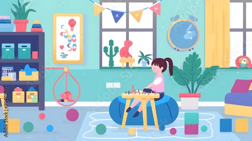 A young girl plays with colorful blocks in a brightly decorated playroom.