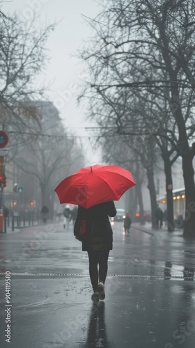 Solitary Woman with Red Umbrella Walking Through Misty Rainy Street. Atmospheric Urban Scene Depicting Melancholy Mood. Foggy Cityscape with Ample Copyspace for Advertising and Marketing Concepts.