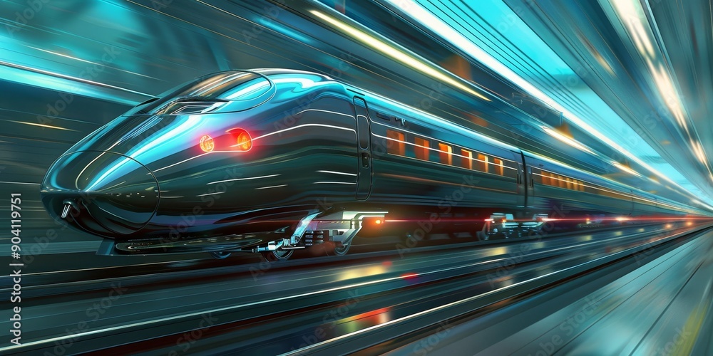 High-speed bullet train racing along futuristic railway tracks with motion blur effect High-speed bullet train racing along futuristic railway tracks with motion blur effect
