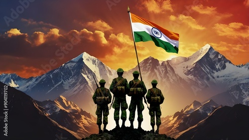  image commemorating Kargil Vijay Diwas, also known as Kargil Victory Day. The artwork depicts the silhouette of Indian Army soldiers standing proudly atop Mount Everest, holding the Indian flag .