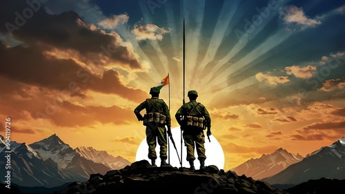  image commemorating Kargil Vijay Diwas, also known as Kargil Victory Day. The artwork depicts the silhouette of Indian Army soldiers standing proudly atop Mount Everest, holding the Indian flag .