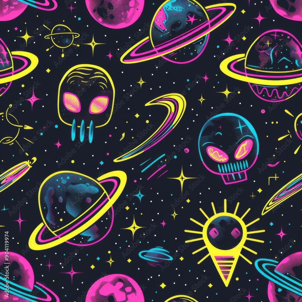Fototapeta premium Vibrant Neon Space Patterns with Aliens and Planets on Dark Background