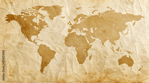 World map in sepia parchment background. Brown grunge texture old antique vintage page. AI generated