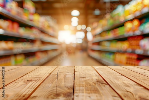 The interior of a scenic grocery store features vibrant product displays with a charming wooden table in the foreground