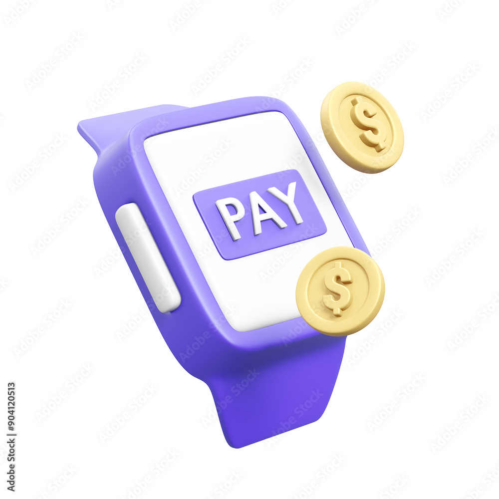 3D with smart watch icon next to coin isolated on transparent background. Digital finance concepts and integration of technology in everyday transactions 3D with smart watch icon next to coin isolated on transparent background. Digital finance concepts and integration of technology in everyday transactions