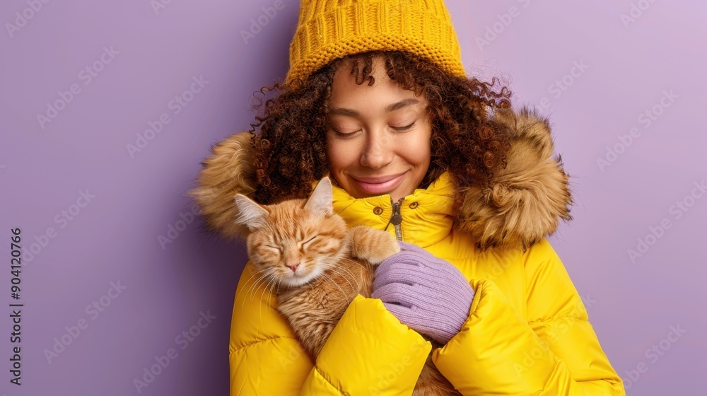 Smiling young girl in a yellow winter coat and hat holding an orange cat against a purple background. Cozy and warm moment. Smiling young girl in a yellow winter coat and hat holding an orange cat against a purple background. Cozy and warm moment.