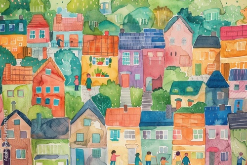 Vibrant watercolor illustration of a colorful village with charming houses and lively characters, showcasing a serene community scene.