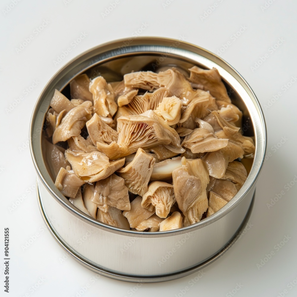 Medium shot of Canned food chopped straw mushrooms, isolated on a white background, Medium shot of Canned food chopped straw mushrooms, isolated on a white background,