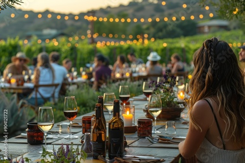 Young wine festival with people seated at outdoor tables, tasting sessions, and scenic vineyard views