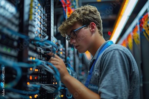 Young Man Working on a Server Rack