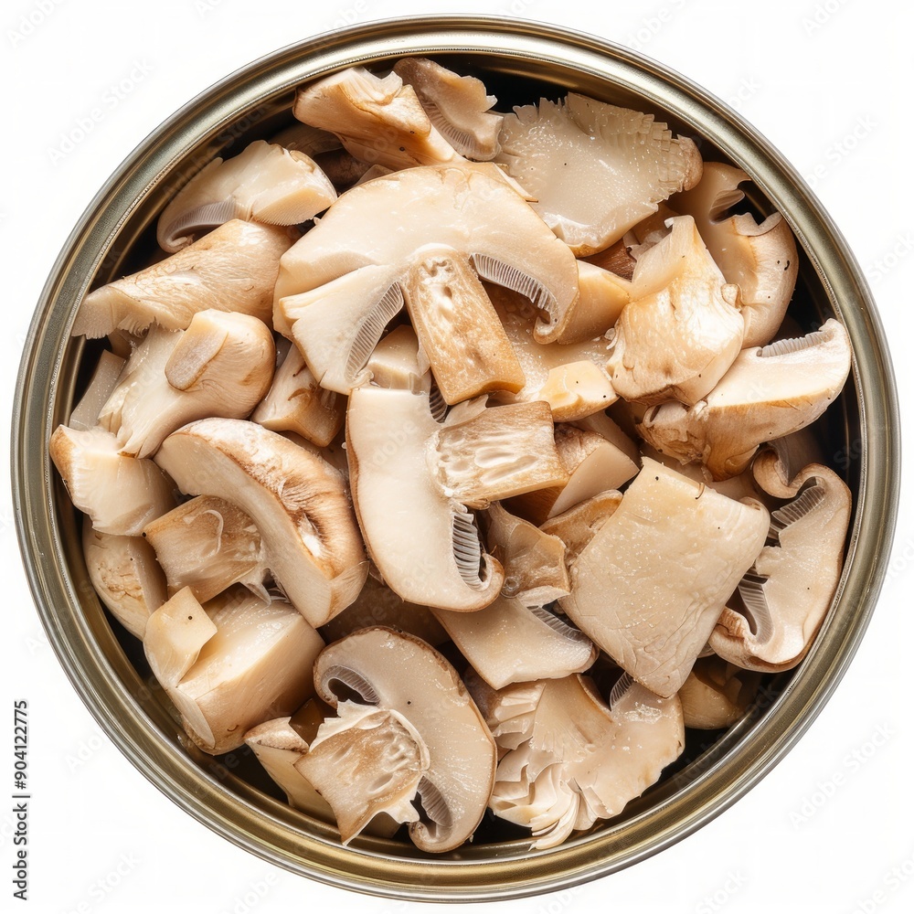 Medium shot of Canned food chopped straw mushrooms, isolated on a white background, Medium shot of Canned food chopped straw mushrooms, isolated on a white background,
