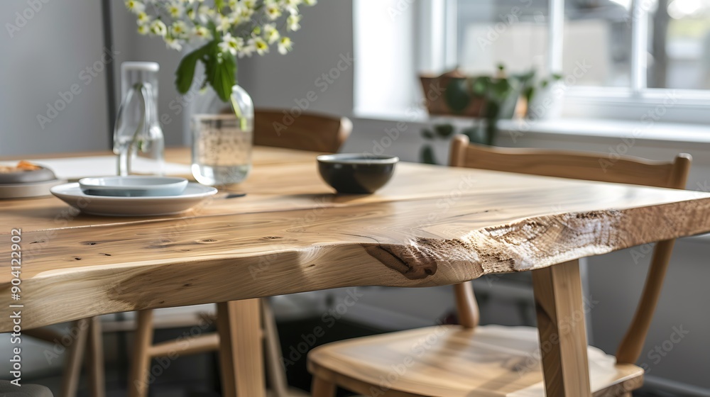 Simple wooden dining table, creatively shaped live edge tabletop, Scandinavian design, modern home, close-up, high resolution. Simple wooden dining table, creatively shaped live edge tabletop, Scandinavian design, modern home, close-up, high resolution.