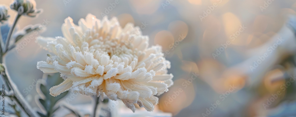 A close-up of a wilted chrysanthemum, its petals covered in frost and snow, with a blurred winter background. A close-up of a wilted chrysanthemum, its petals covered in frost and snow, with a blurred winter background.