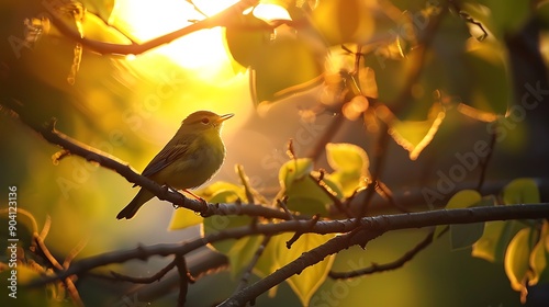 Obraz na płótnie A green warbler can be heard chirping at sunset on a tree branch w salonie