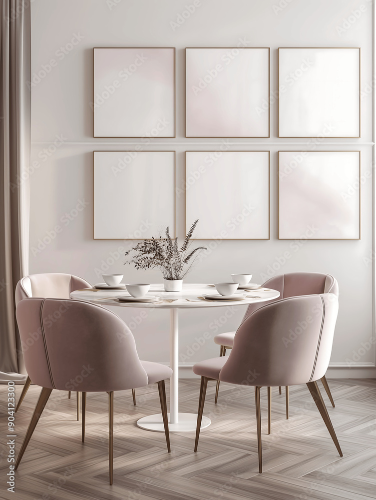 Fototapeta premium Six empty mock-up poster frames in a pretty dining room