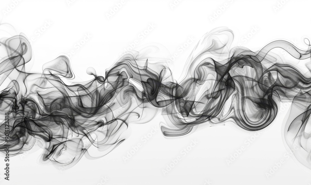 Fototapeta premium Abstract Black and Gray Smoke Swirls Isolated on White Background with Soft Clouds. Creative Pattern for Advertising and Marketing. Ethereal Vapor Design with Ample Copyspace. AI-Generated High-Resolu