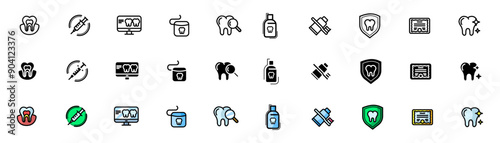 Teeth set icons. Linear, silhouette and flat styles. Vector icons.