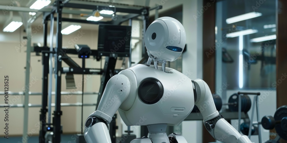 Fototapeta premium A fitness robot assisting with weightlifting exercises, emphasizing robotic assistance